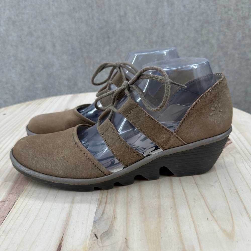 Fly London Poma Wedge Lace Up Sandals 9-9.5 Brown Leather Caged - Picture 2 of 11
